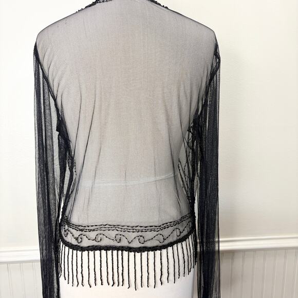 Beaded Fringe Mesh Cardigan Sheer Boho Whimsigoth Goth Witchy Party Cocktail - Picture 2 of 14